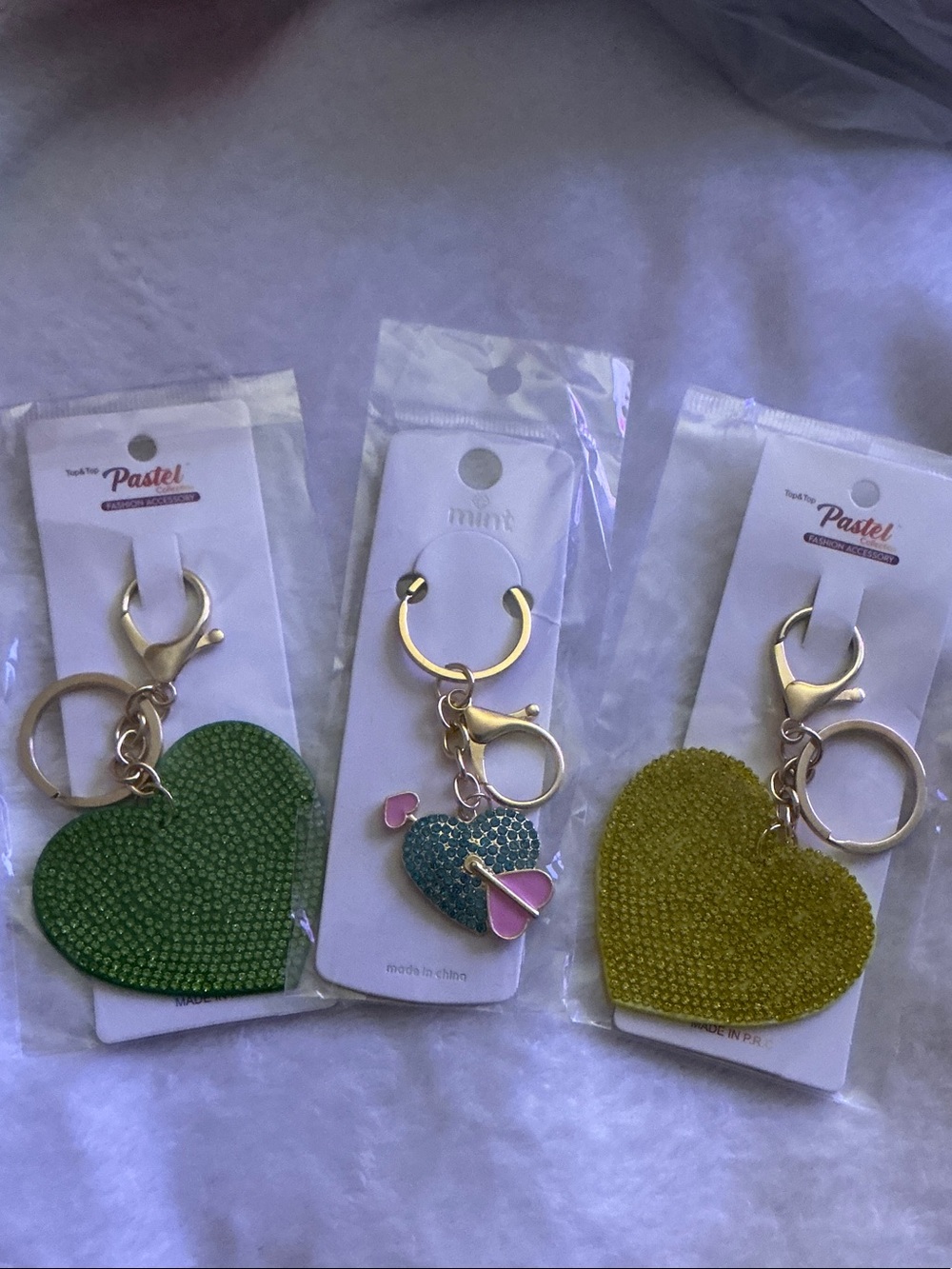 Pastels Heart Keychain Bundle - Green,Yellow and Aqua Heart Charms 💚💛💘